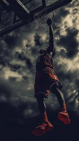 Silhouetted basketball dunk under stormy dramatic sky.