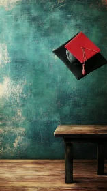 Graduation cap suspended over rustic wooden table backdrop.