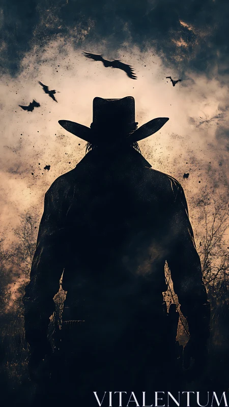 Silhouetted gunslinger under stormy sky with circling crows.
