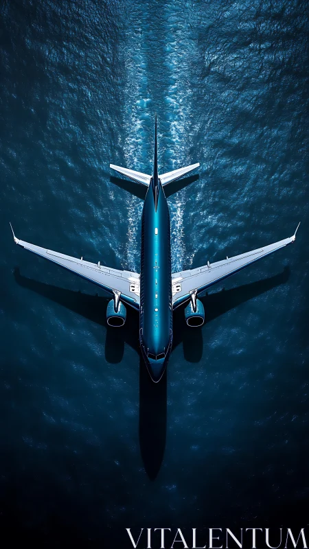 Top-down jetliner over deep blue ocean with sharp wake.
