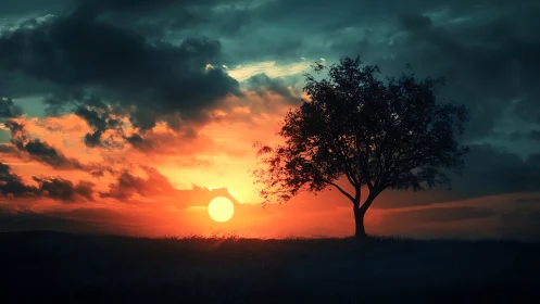 Solitary tree silhouettes against blazing twilight sun.