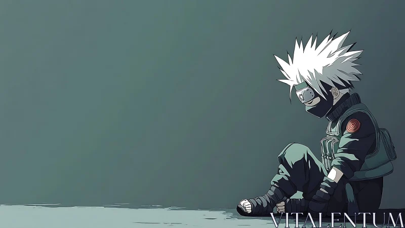 Solitary masked ninja seated against muted teal wall