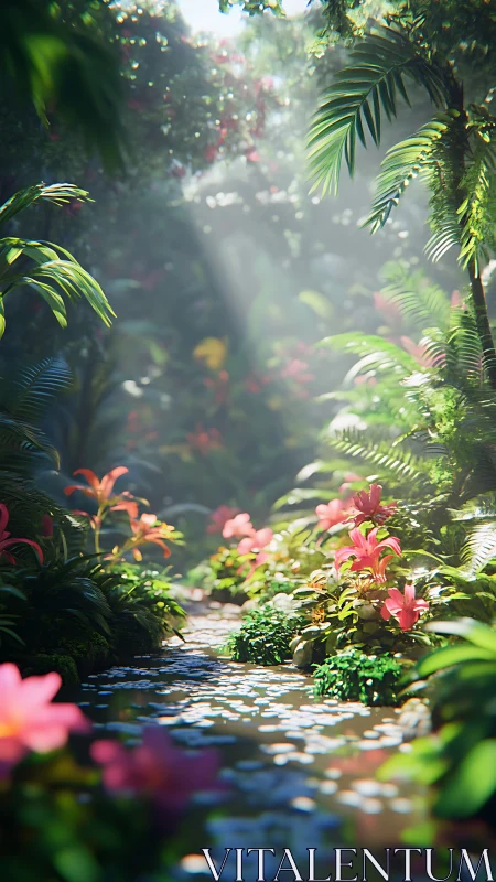 Sunlit jungle path invites a gentle wander through blossoms