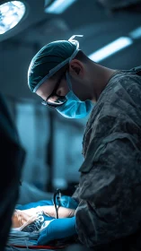 Military surgeon in operating room under cool surgical lighting.
