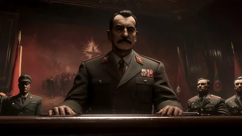 Authoritarian general at tribunal podium under dramatic lighting