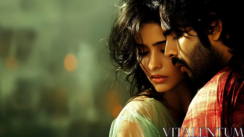 Intimate portraiture with warm backlighting, soft focus bokeh background, and chromatic color gradin