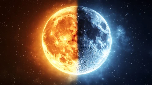 Dual planet sphere split into fire and ice halves in space.