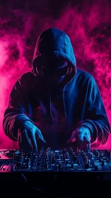 Hooded night architect bends neon smoke into pulsing beats