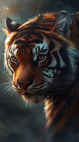 Digital close-up portrait of tiger head in low light.