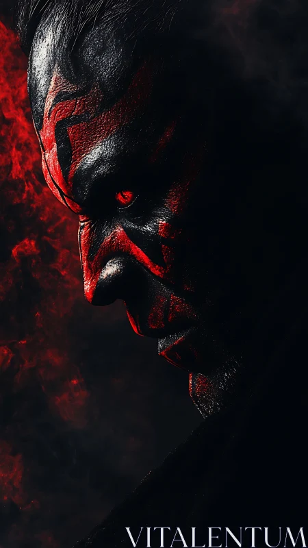 Sinister red-lit portrait of a horned, masked figure in shadow.