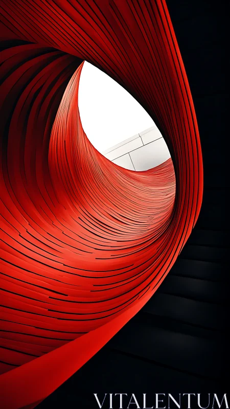 Spiraling red architectural tunnel framing white sky portal.