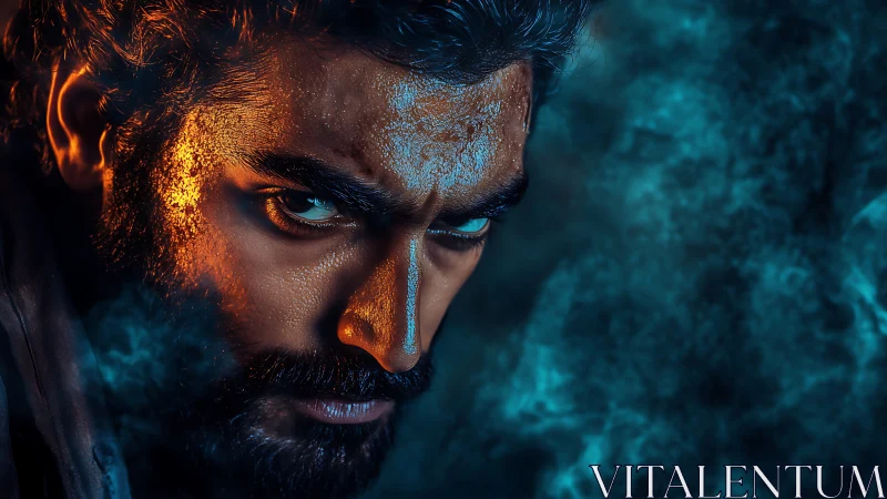 Smoldering male portrait in blue smoke and rim light.