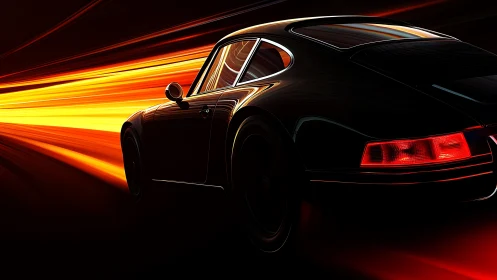 Midnight coupe outruns a neon sunrise on liquid asphalt.