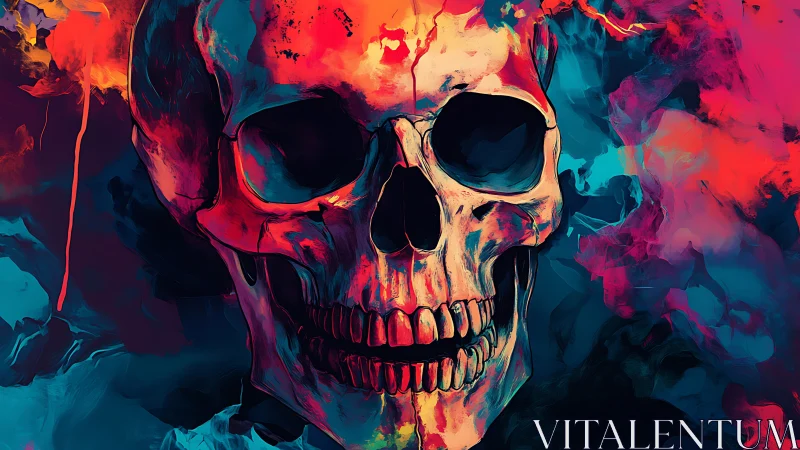 Vibrant painted skull glowing in a storm of swirling color.