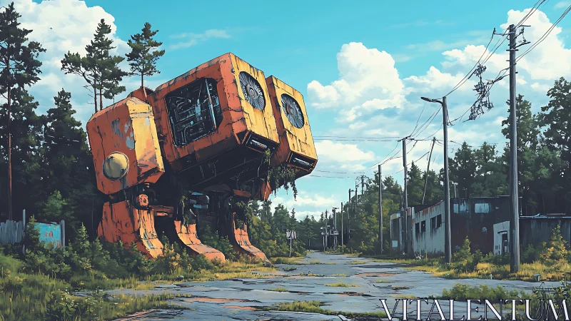 Rusting orange mech slumbers beside an overgrown rural road
