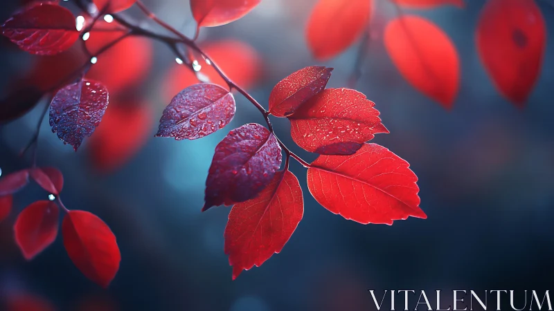 Crimson autumn leaves glow softly against cool twilight bokeh.