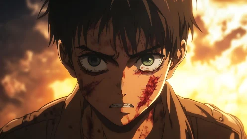 Fierce anime hero stands tall against a burning sky.