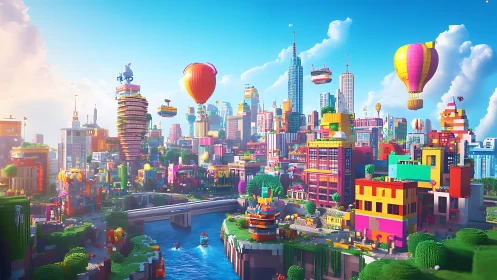 Colorful voxel city with playful hot air balloons overhead.