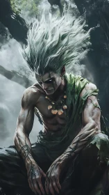 Muscular figure with wild hair sits in misted forest setting