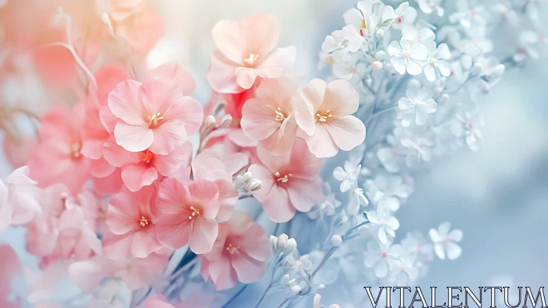 Soft focus pink and white blossoms in cool pastel tones.