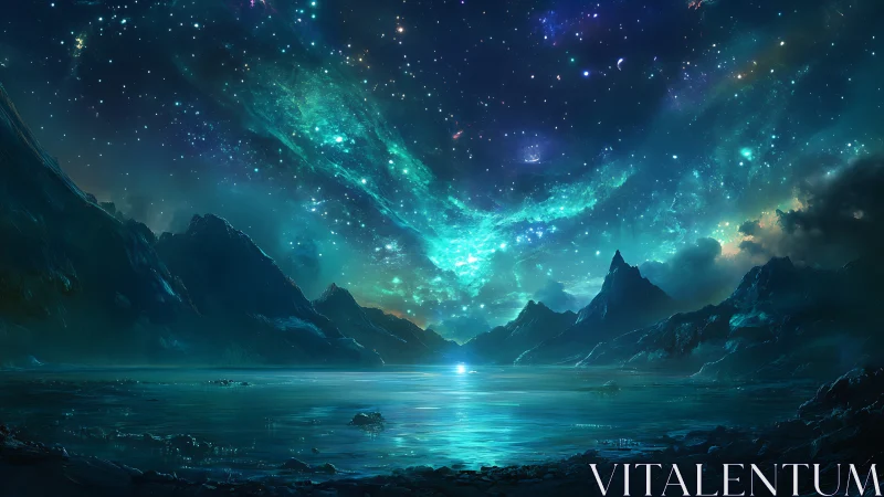 Mountain lake lies beneath luminous, star-dense night sky