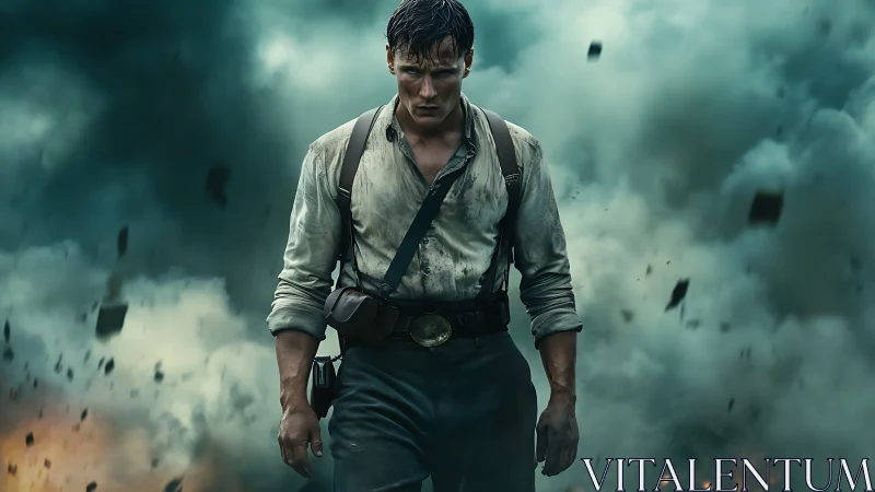 Photorealistic war hero portrait amid dynamic smoke field.