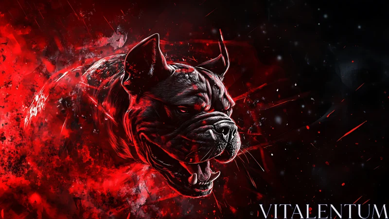 High-contrast digital pitbull portrait with explosive red particle field