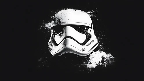 White sci-fi helmet bursts from dark splattered void.