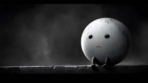 Lonely round character sits in moody monochrome space.