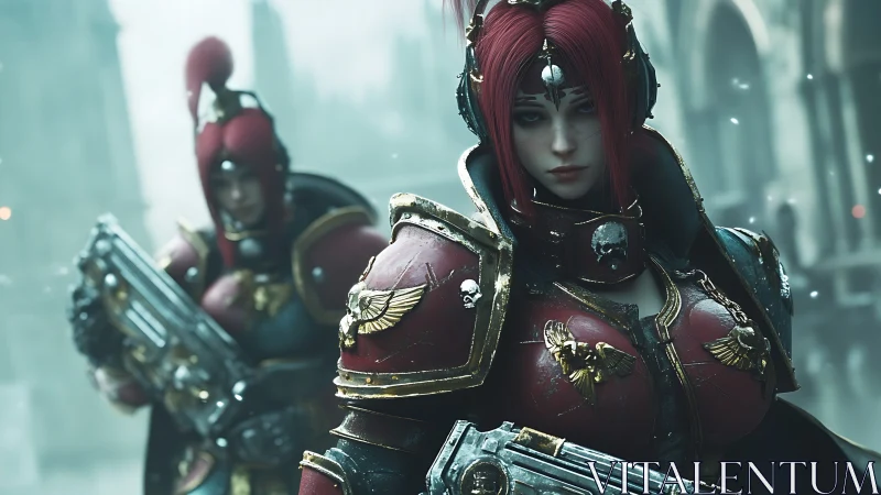 Armored sci fi warrior women in gothic urban setting.