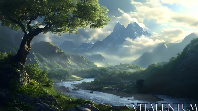 Atmospheric mountain valley rendered in luminous digital realism.