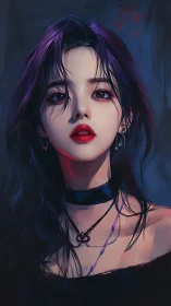 Moody purple haired girl with soft gaze and bold crimson lips.