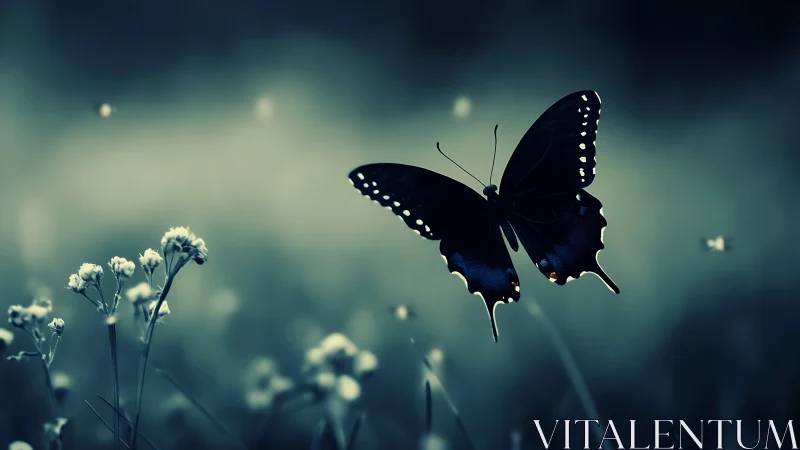 Elegant black butterfly hovering over wildflowers in dreamy light.