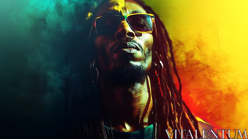 Neon-lit portrait unites high-contrast color fields and stylized glare