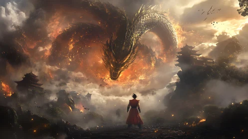 Storm-lit dragon eclipse above lone red-cloaked warrior.