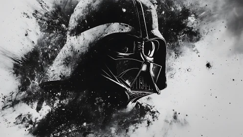 Dark helmet portrait in explosive black ink splashes.