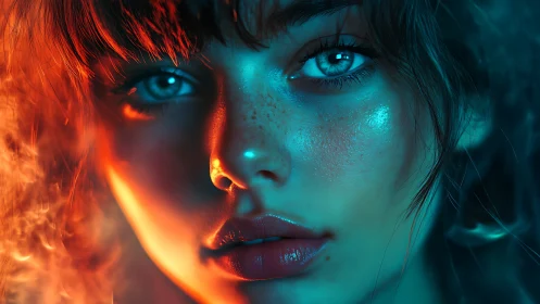 Close-up portrait uses dual orange and teal rim lighting