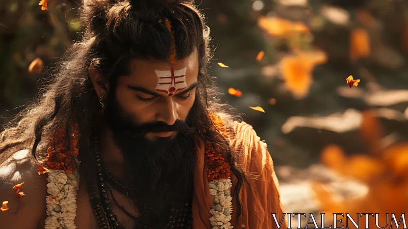 Portrait of meditative sadhu in golden shallow depth light