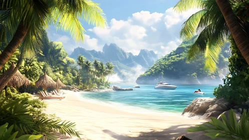 Tropical Island Beach with Anchored Vessels and Mountain Backdrop