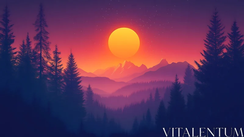 Neon sunset over pine forest and distant mountain peaks.