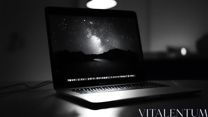 Open laptop displays starfield wallpaper under moody backlight