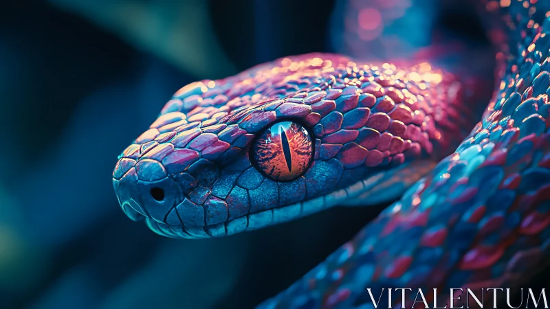 Bioluminescent-lit serpent head with macro-detailed iridescent scales