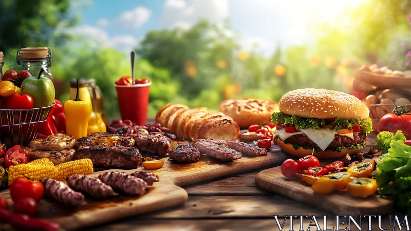 Sunny backyard barbecue table overflows with colorful picnic food