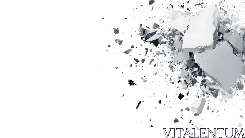 Shattered Concrete Pieces Exploding on White Background, Minimalist Style.