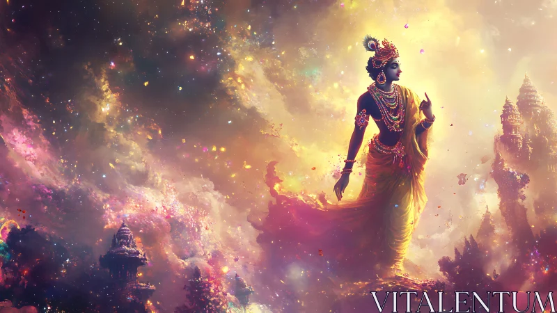 Celestial goddess walks through radiant cosmic temple light.