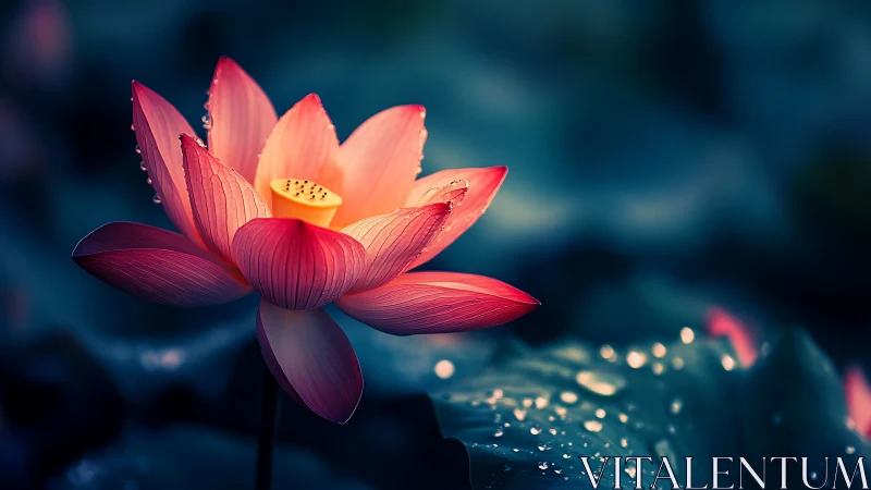 Luminous pink lotus blooms over dark pond with dewy petals