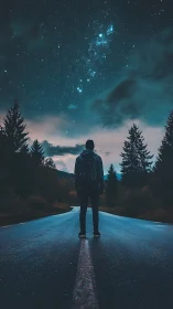 Solitary figure on wet road under dense starry night sky.