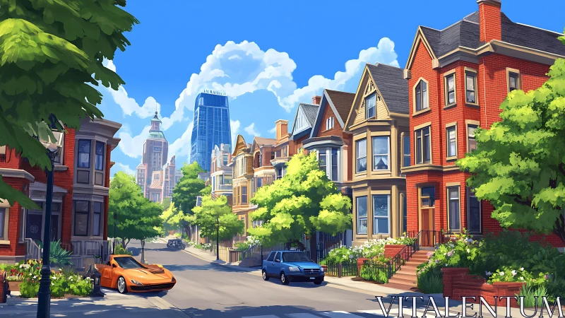 Sunny city street with colorful townhouses and parked cars.