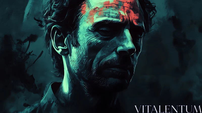 Brooding male portrait bathed in teal and red light.