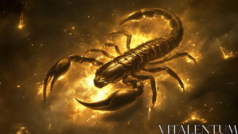 Golden scorpion in luminous cosmic dust field.